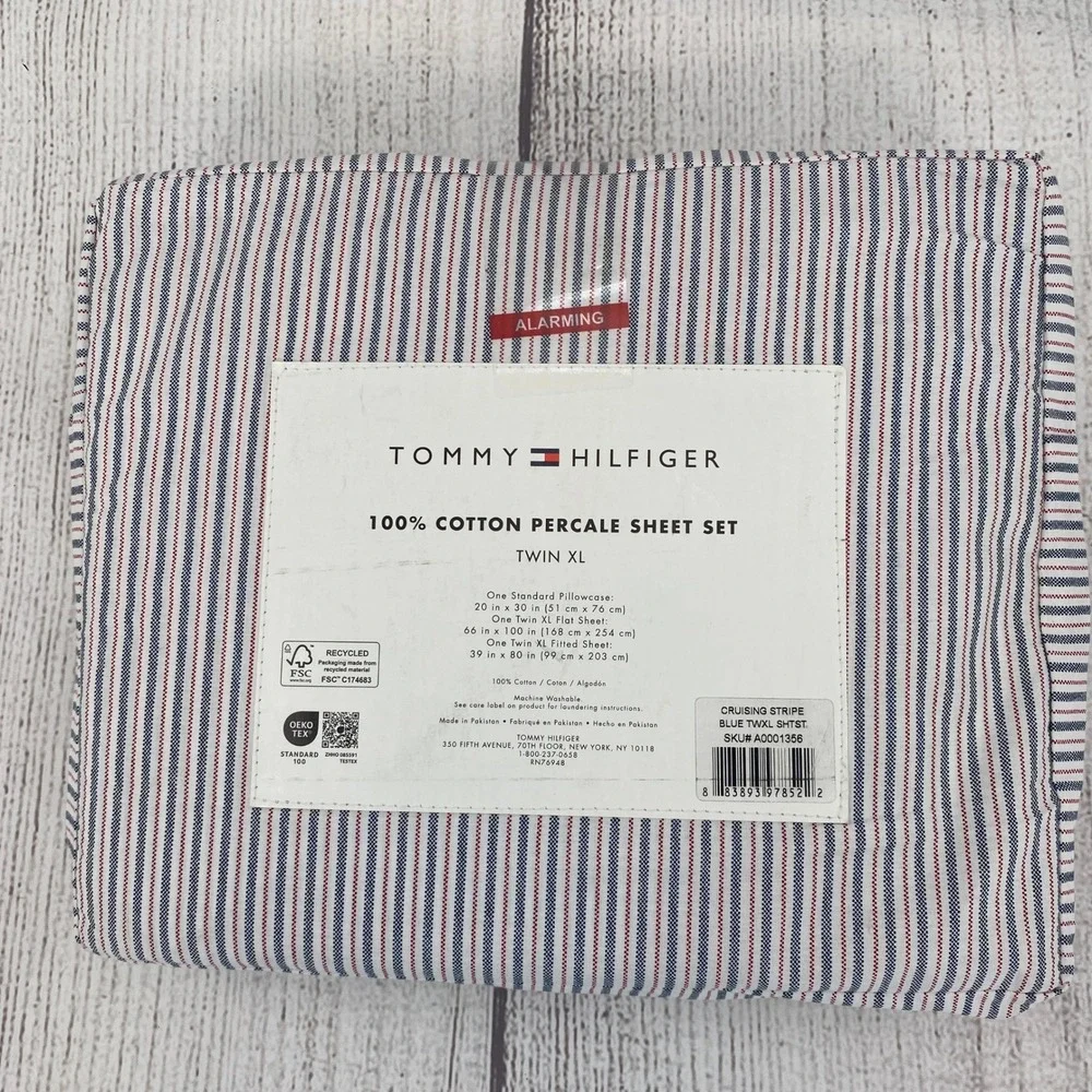 Tommy Hilfiger Sheet Set Twin XL Blue Cruising Stripe 100% Cotton Percale 3pc